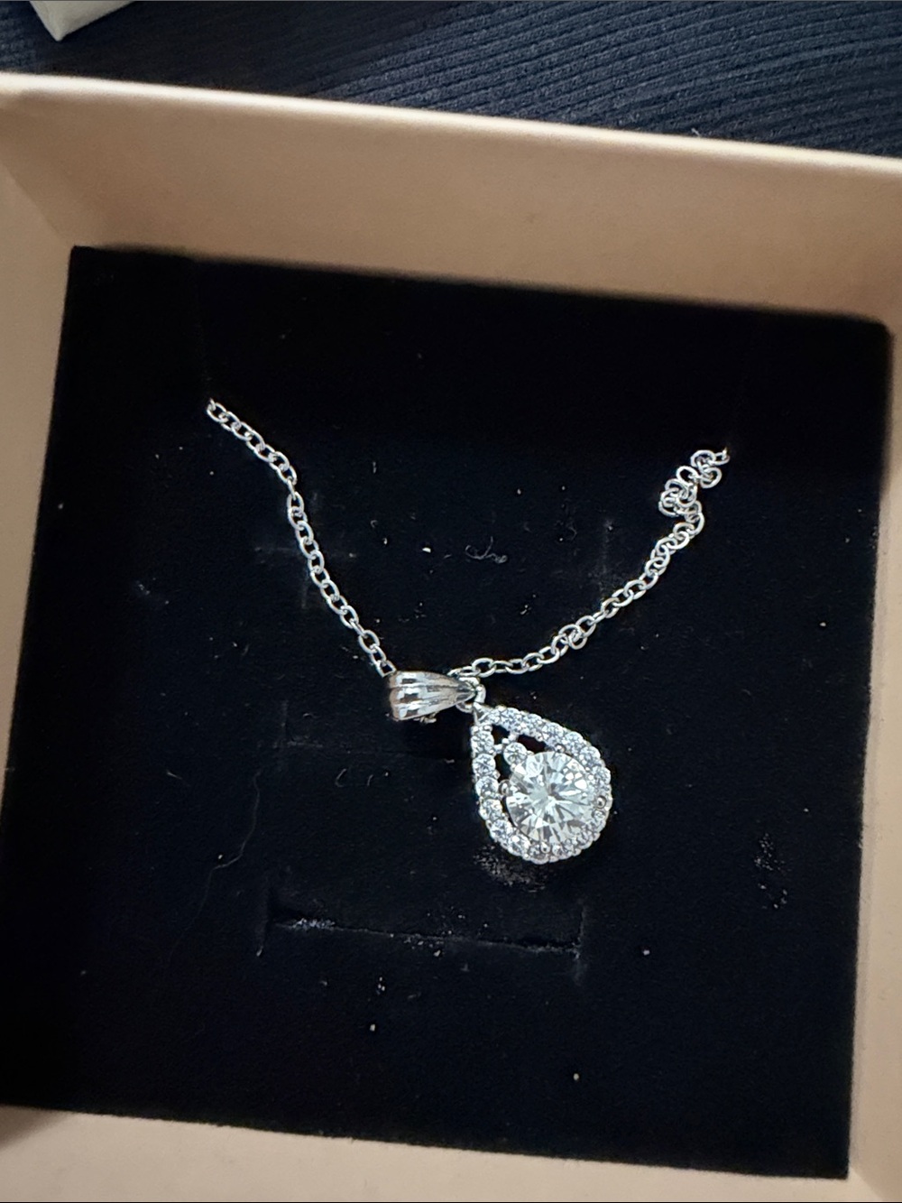 Silver Teardrop Crystal Pendant Necklace - White